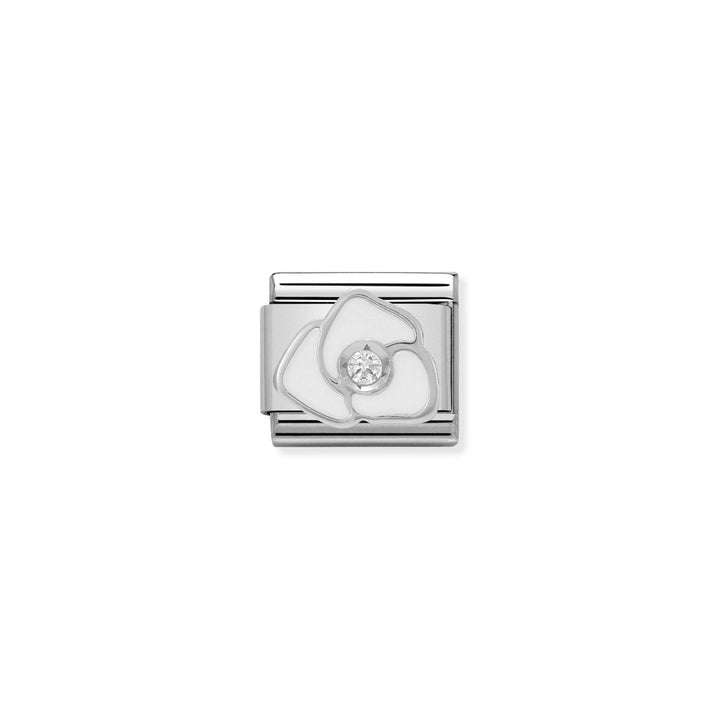 Niche Jewellery silver charm with white rose enamel design and a central sparkling zirconia stone.