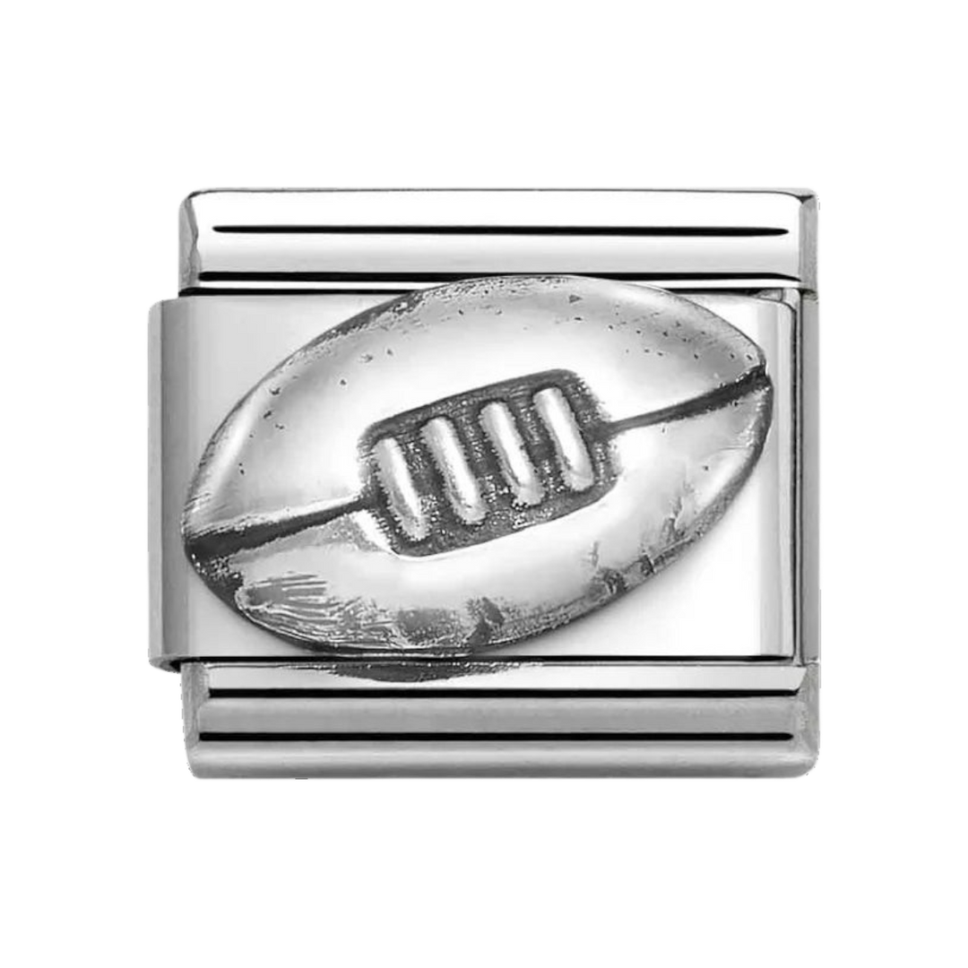 Niche Jewellery Nomination silver oxidised rugby ball charm for a classic composable bracelet