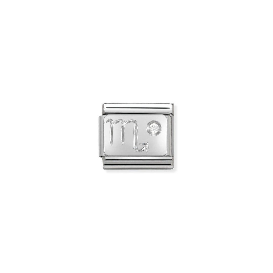 Niche Jewellery silver and cubic zirconia Scorpio zodiac charm. Features the Scorpio symbol with a sparkling cubic zirconia.