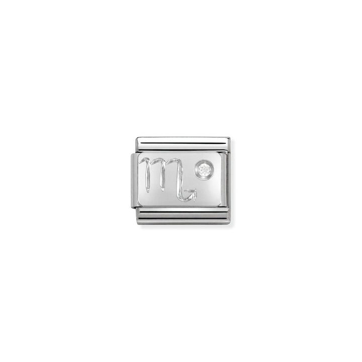 Niche Jewellery silver and cubic zirconia Scorpio zodiac charm. Features the Scorpio symbol with a sparkling cubic zirconia.