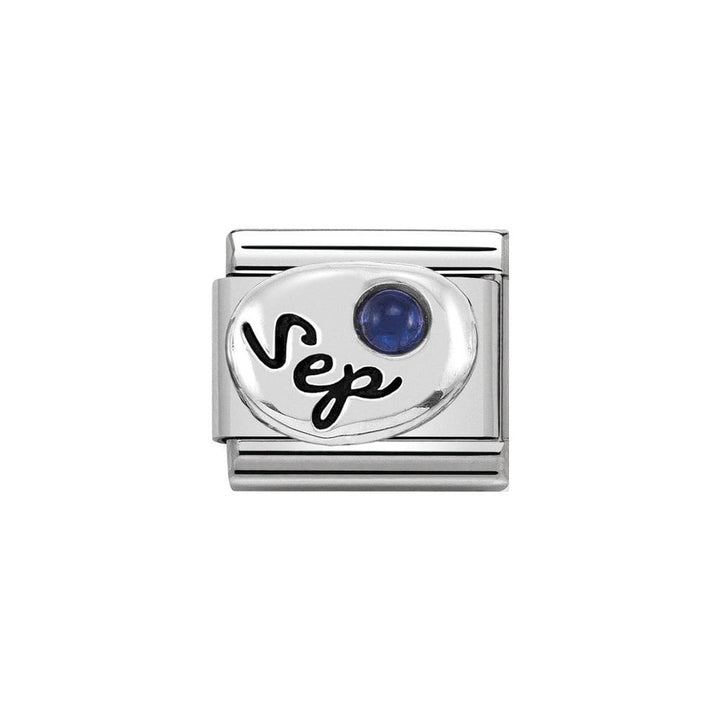 Niche Jewellery silver charm with 'Sep' engraving and a sapphire blue zirconia stone, representing September birthstone.