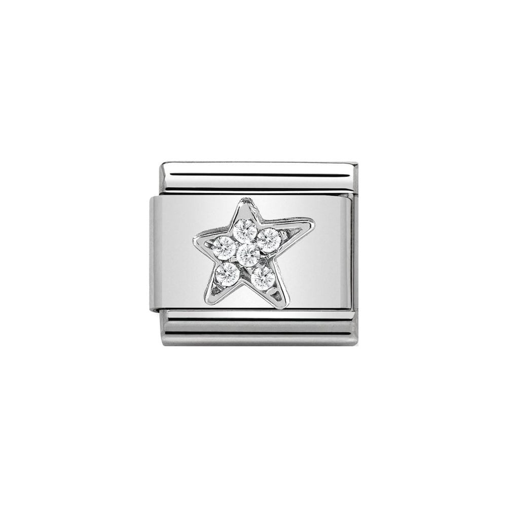 Niche Jewellery silver charm with an asymmetric star design encrusted with cubic zirconia stones.