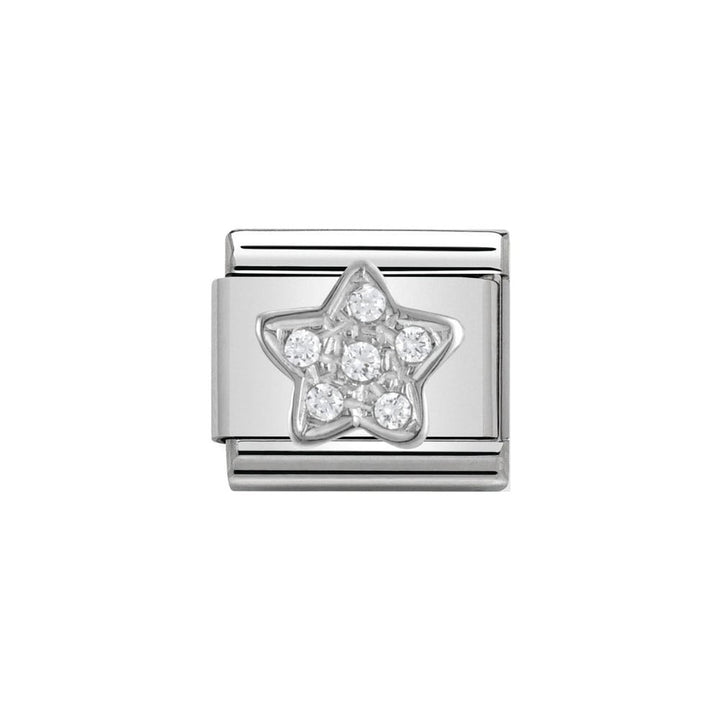 Niche Jewellery silver charm bracelet link with a pave zirconia star design. Crafted in stainless steel and sterling silver.