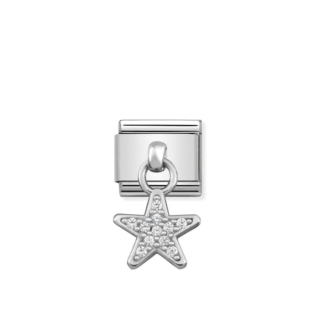Niche Jewellery silver charm with a star drop pendant encrusted with white zirconia stones, crafted from stainless steel and sterling silver.