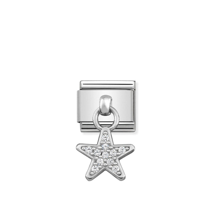 Niche Jewellery silver charm with a star drop pendant encrusted with white zirconia stones, crafted from stainless steel and sterling silver.