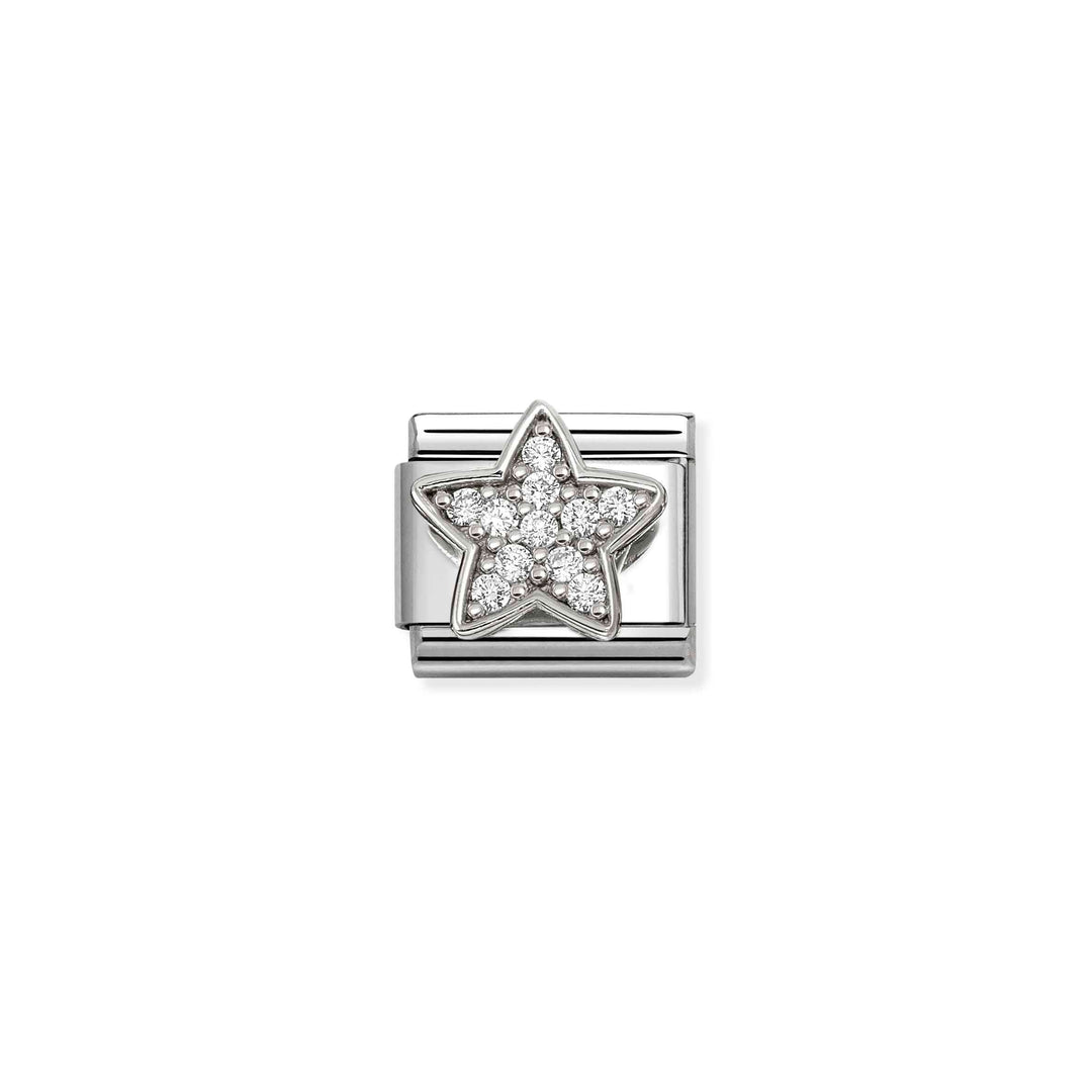 Niche Jewellery Nomination silver charm featuring a sparkling white cubic zirconia star on a stainless steel link.