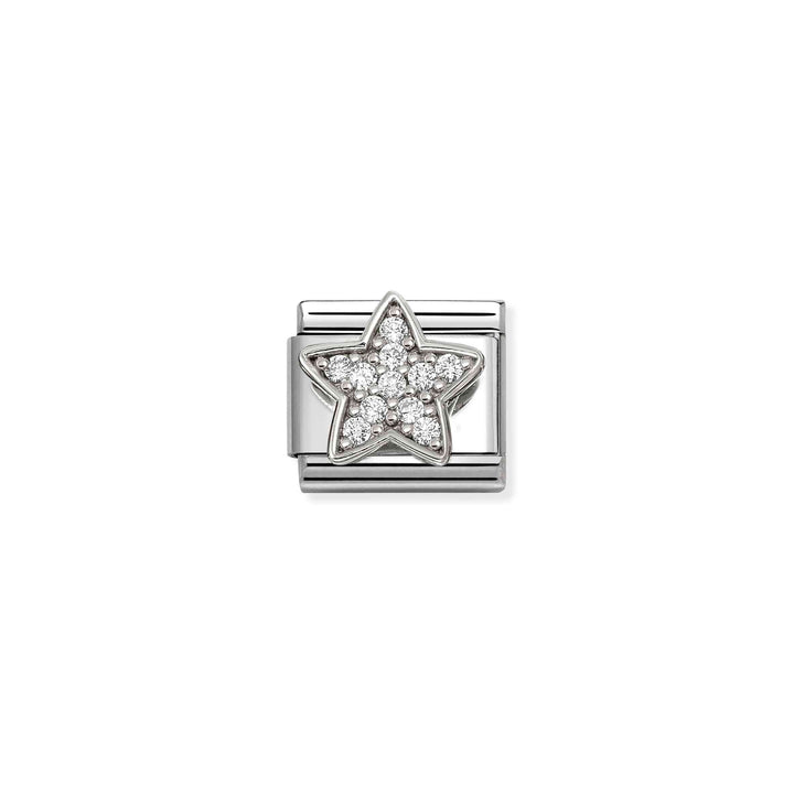 Niche Jewellery Nomination silver charm featuring a sparkling white cubic zirconia star on a stainless steel link.