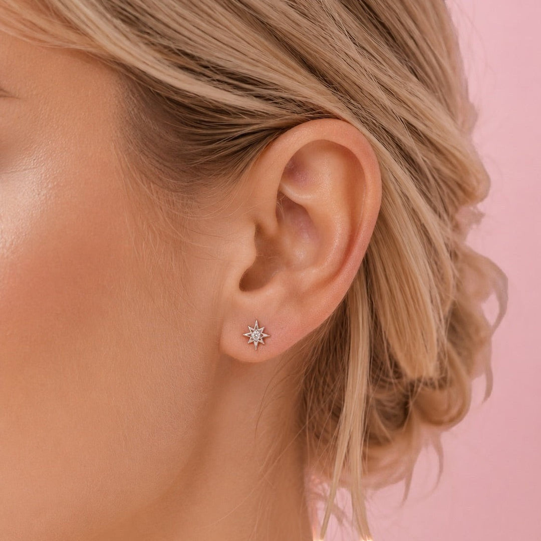 Niche Jewellery Amelia Scott Ziggy Mini North Star stud earrings in silver with clear zirconia.