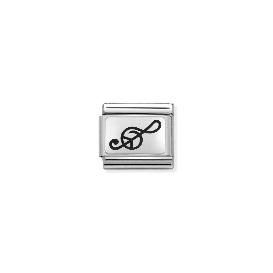 Niche Jewellery silver oxidised stainless steel charm with a black treble clef music symbol. Compatible with Nomination Composable bracelets.