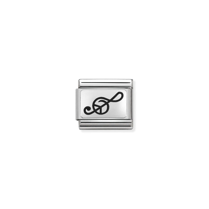 Niche Jewellery silver oxidised stainless steel charm with a black treble clef music symbol. Compatible with Nomination Composable bracelets.