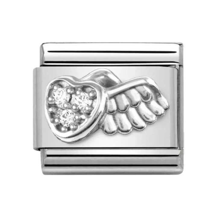 Niche Jewellery silver charm with a winged heart design, adorned with clear cubic zirconia stones.