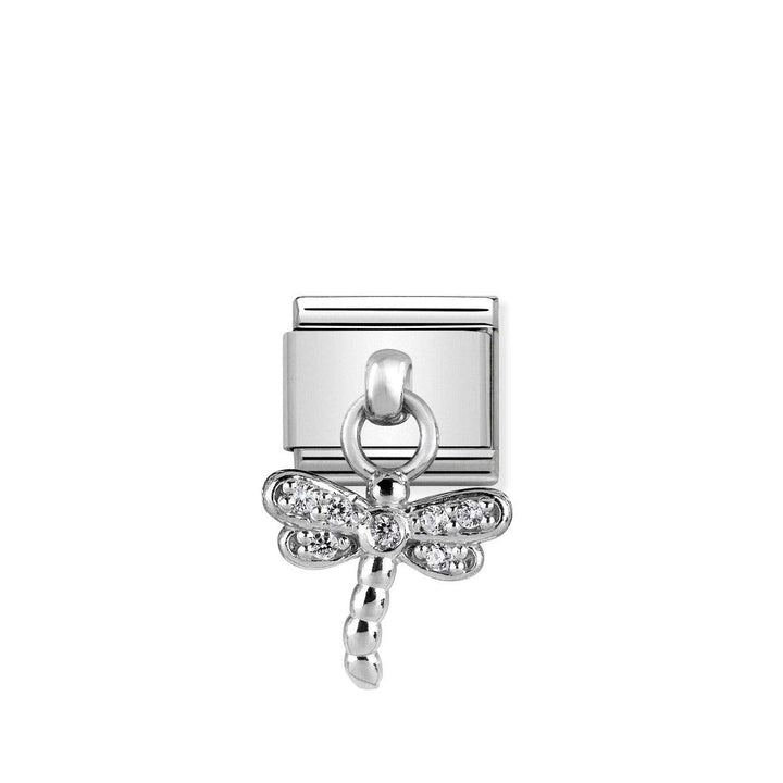 Niche Jewellery silver charm with a sparkling zirconia dragonfly drop design, compatible with Nomination bracelets.