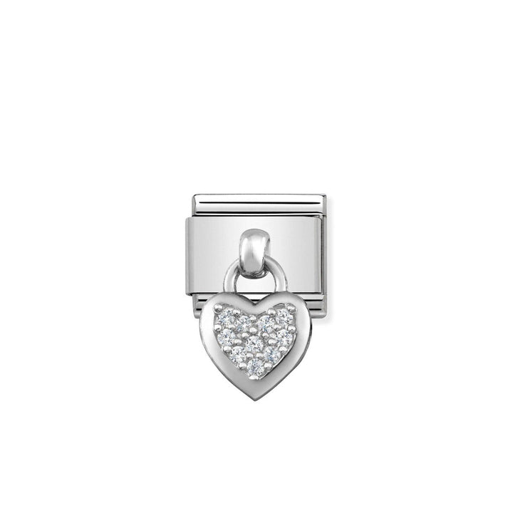 Niche Jewellery silver charm with a heart drop adorned with cubic zirconia stones, designed for Nomination Composable bracelets.