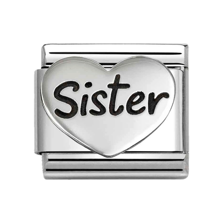 Niche Jewellery Nomination stainless steel charm with an oxidised sterling silver heart engraved with Sister