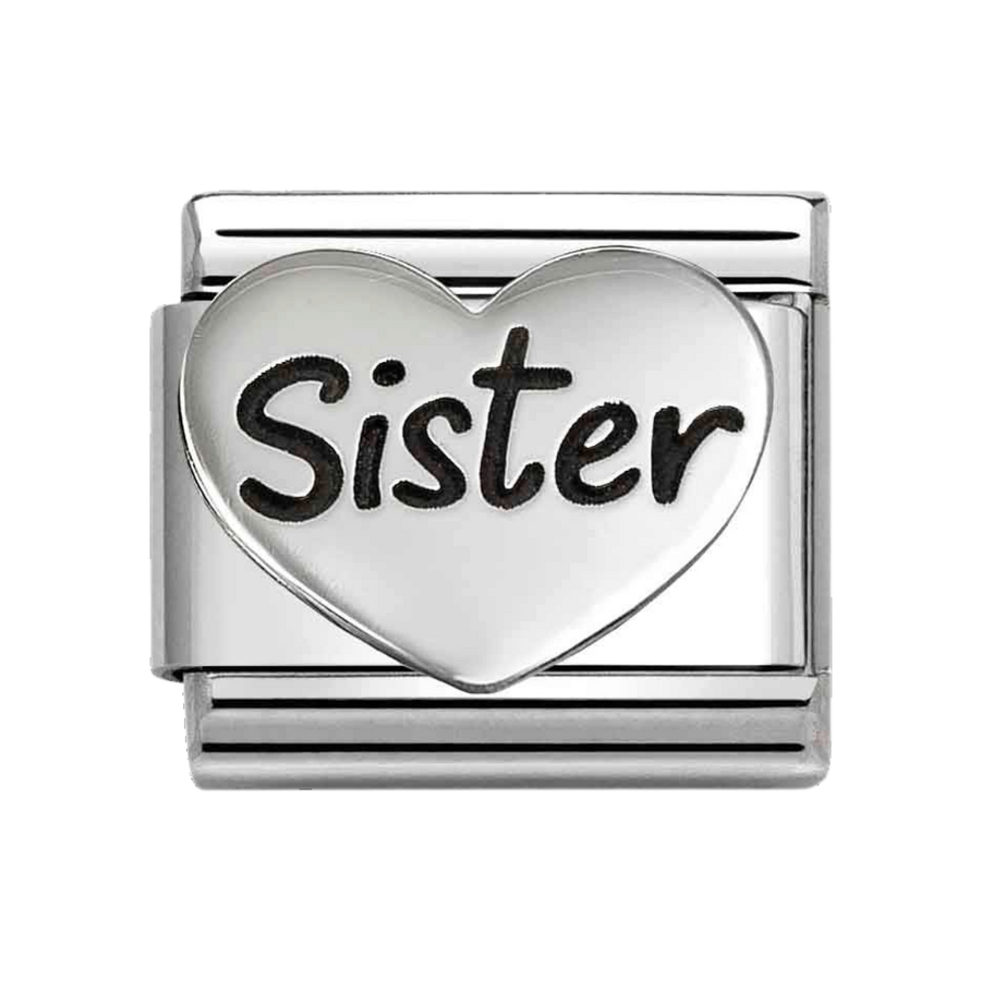 Niche Jewellery Nomination stainless steel charm with an oxidised sterling silver heart engraved with Sister