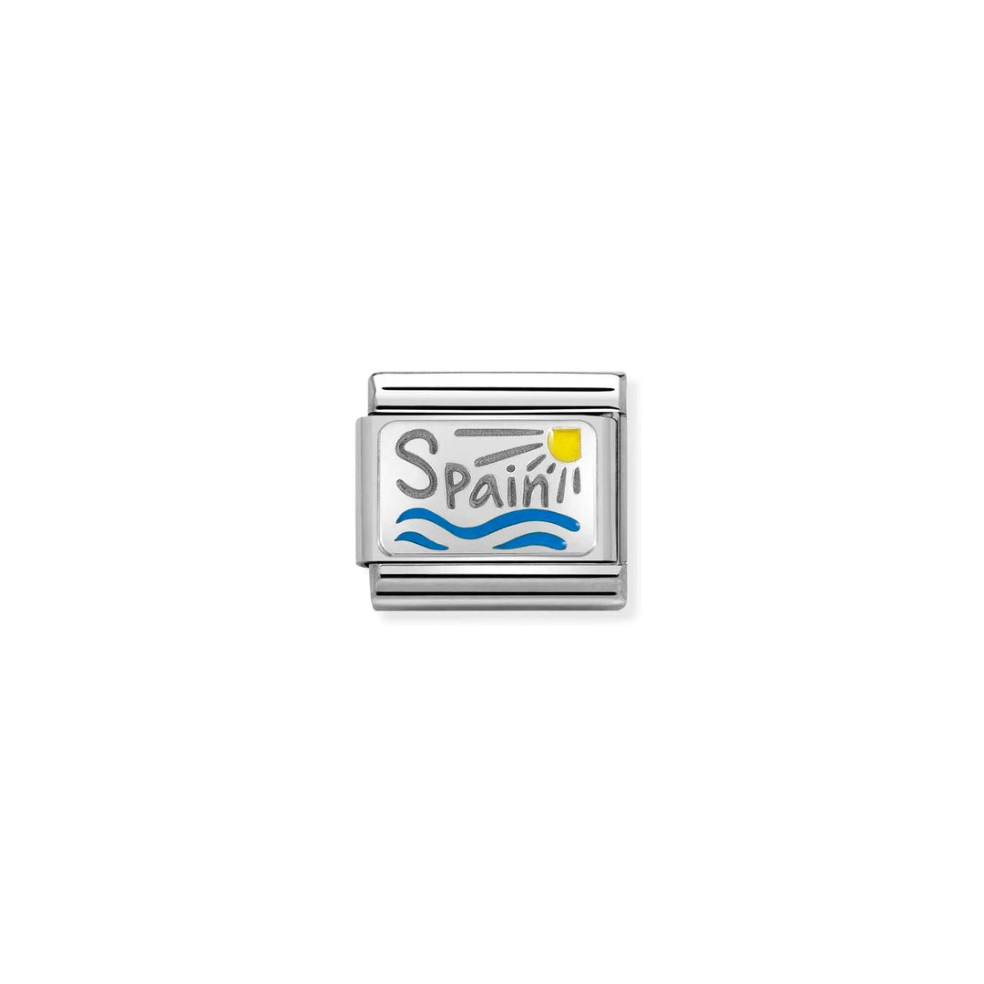 Niche Jewellery Nomination charm featuring Spain text with colourful enamel sun and sea on sterling silver link