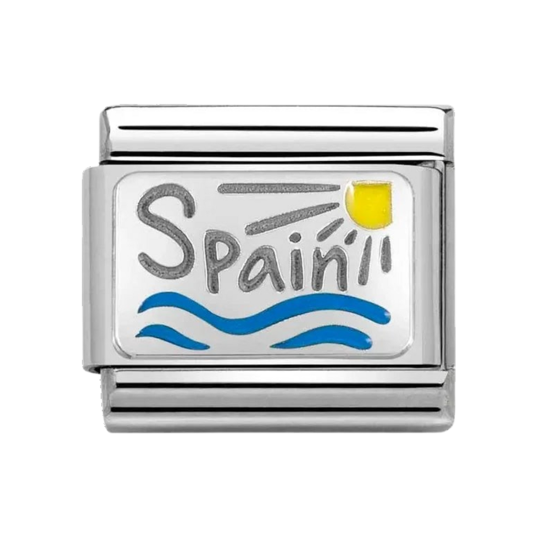 Niche Jewellery Nomination charm featuring Spain text with colourful enamel sun and sea on sterling silver and steel