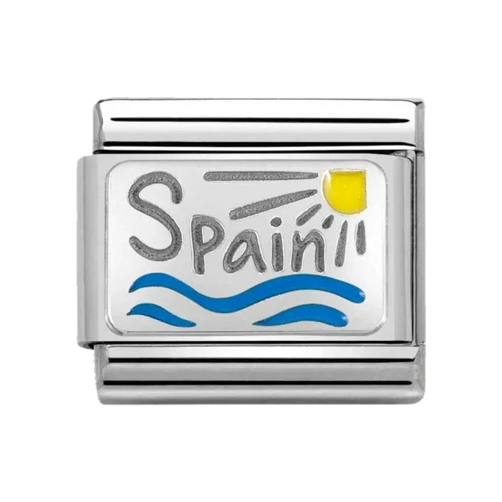Niche Jewellery Nomination charm featuring Spain text with colourful enamel sun and sea on sterling silver and steel