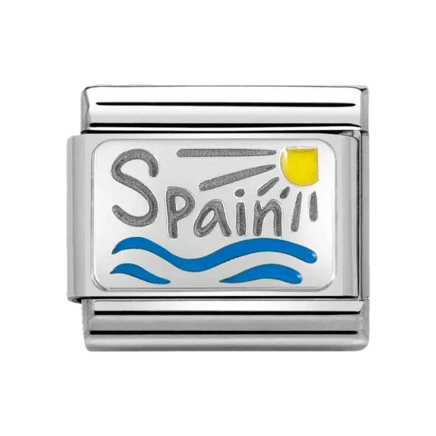 Niche Jewellery Nomination charm featuring Spain text with colourful enamel sun and sea on sterling silver and steel