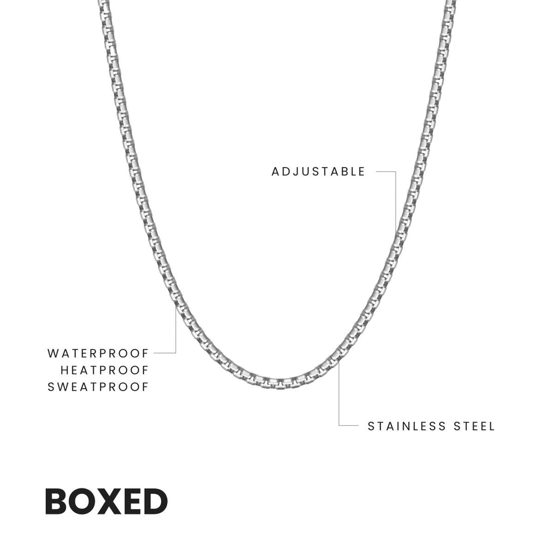 Niche Jewellery Steel & Barnett thin silver-tone stainless steel box chain necklace with adjustable length