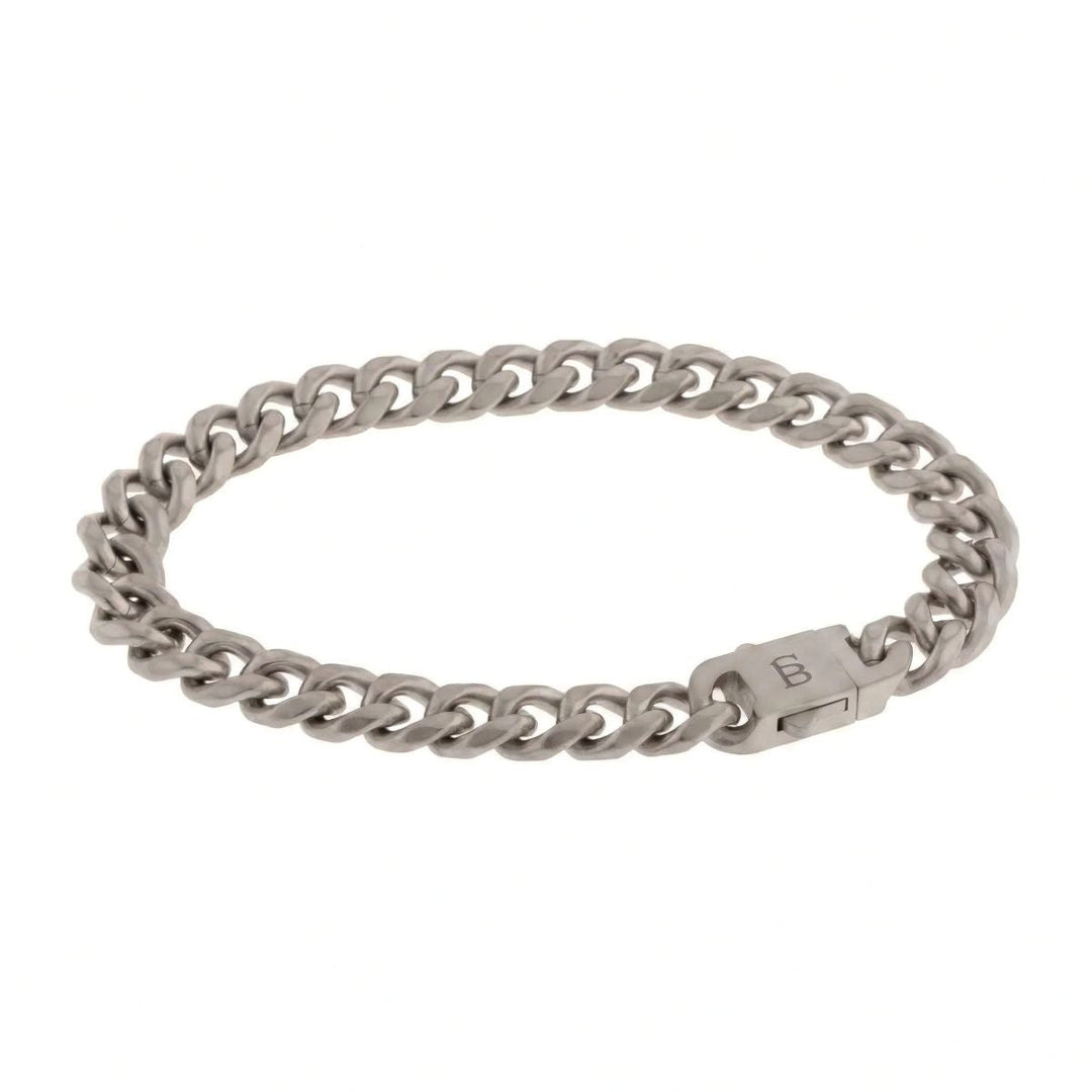 Niche Jewellery Steel & Barnett stainless steel Cuban link chain bracelet with a brushed clasp and 8mm interlocking links