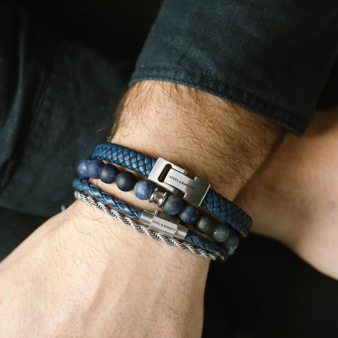 Niche Jewellery Steel & Barnett stainless steel rope chain bracelet layered with blue leather and bead bracelets