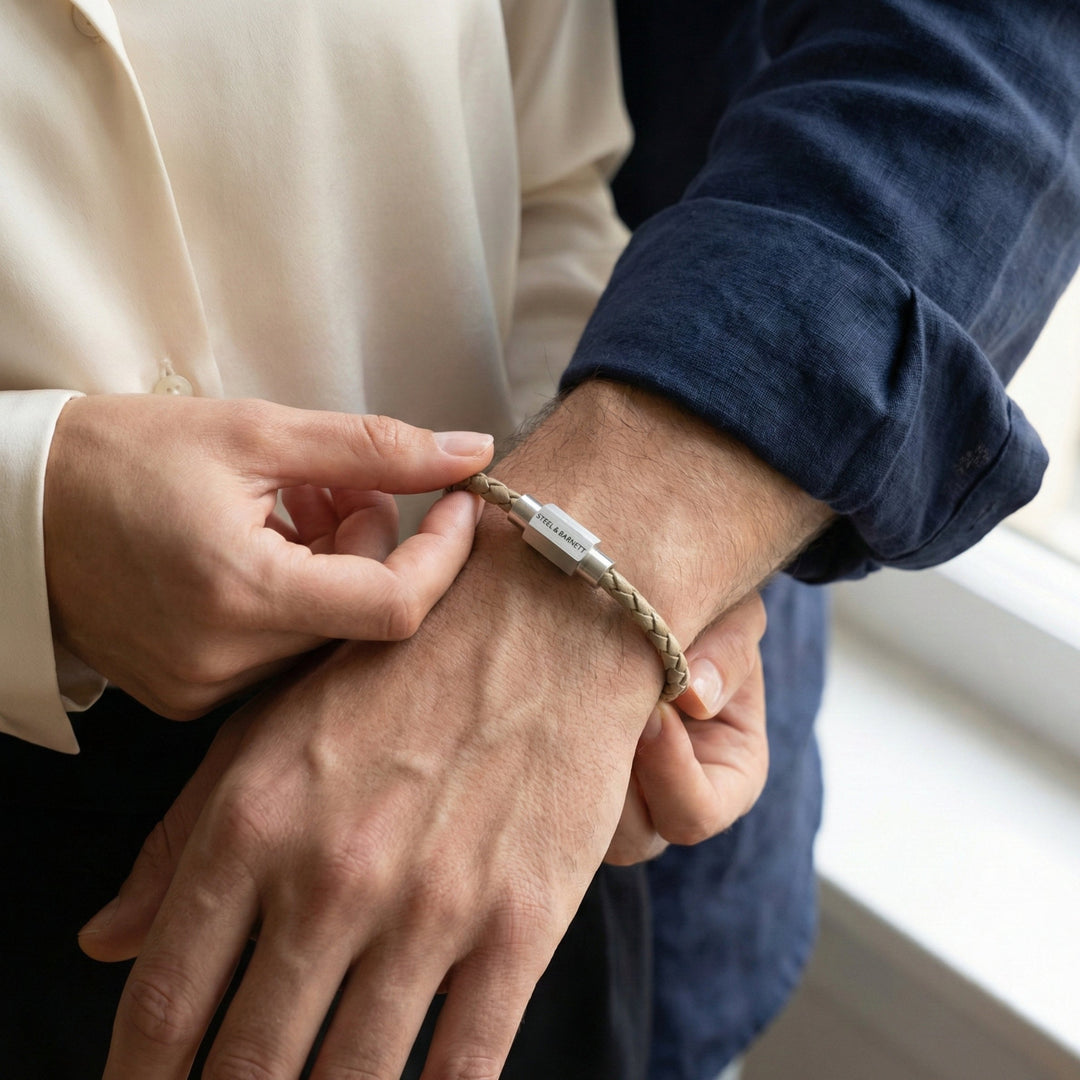 Niche Jewellery Steel & Barnett thin braided ecru nappa leather bracelet with a brushed stainless steel clasp on wrist