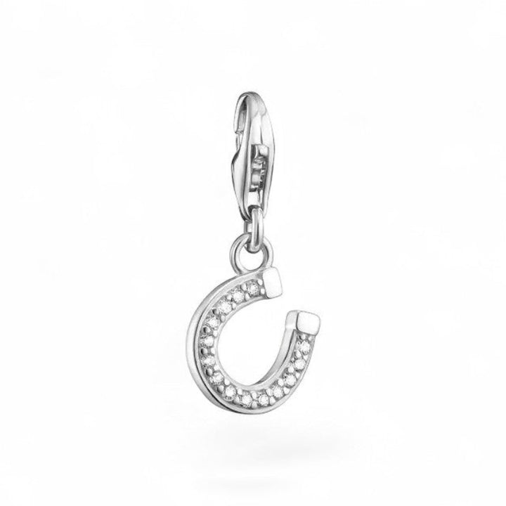 Niche Jewellery Sterling Silver Horseshoe Charm Pendant with white zirconia, channel set. Symbol of luck.