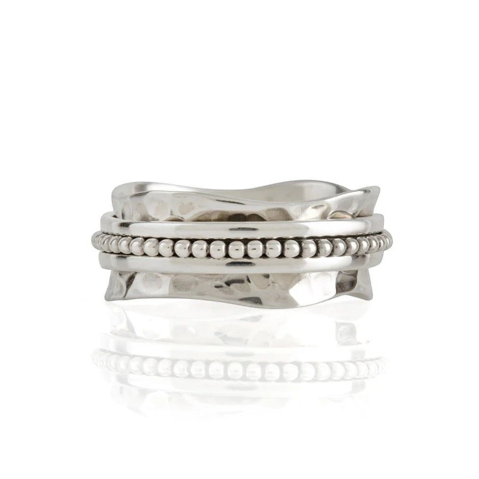 Niche Jewellery Charlotte's Web Aura Halo recycled sterling silver spinner ring with beaded texture