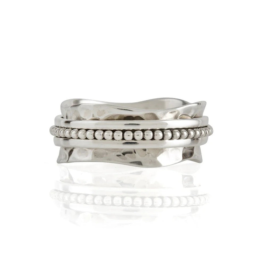 Niche Jewellery Charlotte's Web Aura Halo recycled sterling silver spinner ring with beaded texture