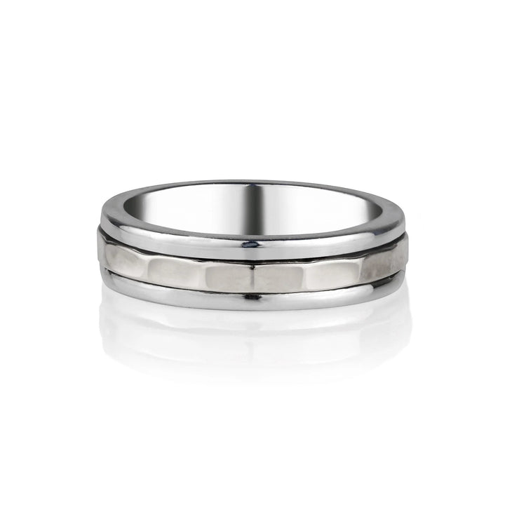 Niche Jewellery Charlotte's Web sterling silver unisex spinning ring with a hammered texture band for fidgeting.