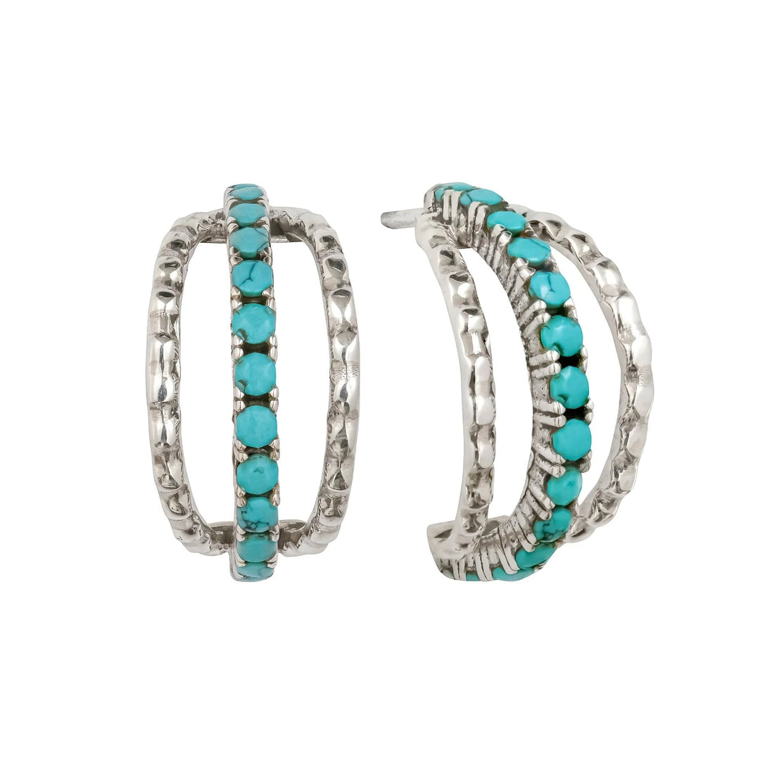 Niche Jewellery Charlotte's Web sterling silver Parvati hoop earrings featuring triple bands with inlaid turquoise stones.