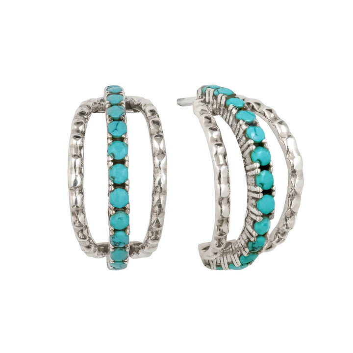 Niche Jewellery Charlotte's Web sterling silver Parvati hoop earrings featuring triple bands with inlaid turquoise stones.
