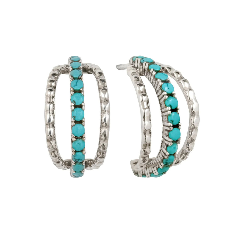 Niche Jewellery Charlotte's Web sterling silver Parvati hoop earrings featuring triple bands with inlaid turquoise stones.