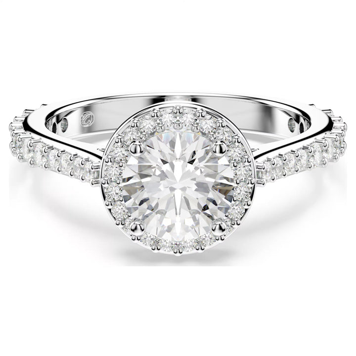 Niche Jewellery Swarovski Una Angelic ring featuring a round-cut clear crystal with a pavé halo on a silver-tone band.