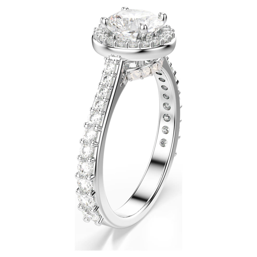 Niche Jewellery Swarovski Una Angelic ring featuring a round-cut clear crystal with a pavé halo on a silver-tone band