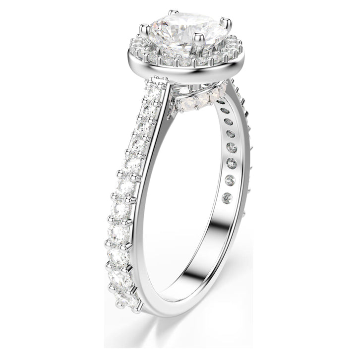 Niche Jewellery Swarovski Una Angelic ring featuring a round-cut clear crystal with a pavé halo on a silver-tone band