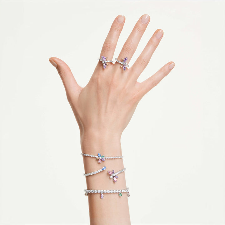 Niche Jewellery Swarovski x Ariana Grande rhodium-plated bangle and rings with multicolored mixed-cut crystal dragonfly