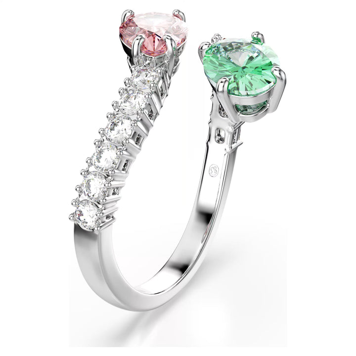 Niche Jewellery Swarovski x Ariana Grande open ring with rhodium plating, featuring pink and green mixed-cut crystals.