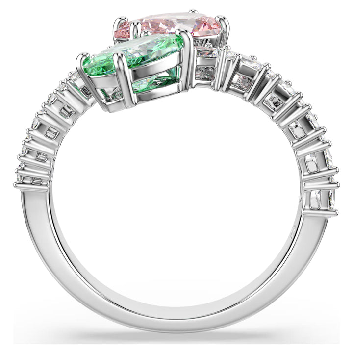 Niche Jewellery Swarovski x Ariana Grande open ring featuring multicoloured mixed-cut crystals on rhodium-plated band.
