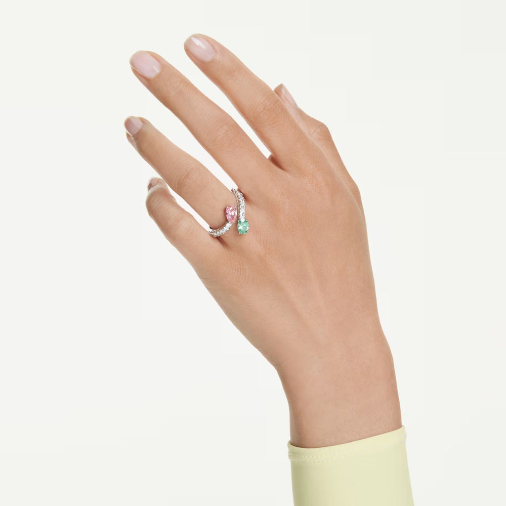 Niche Jewellery Swarovski x Ariana Grande open ring with rhodium plating and multicoloured mixed-cut crystals on hand