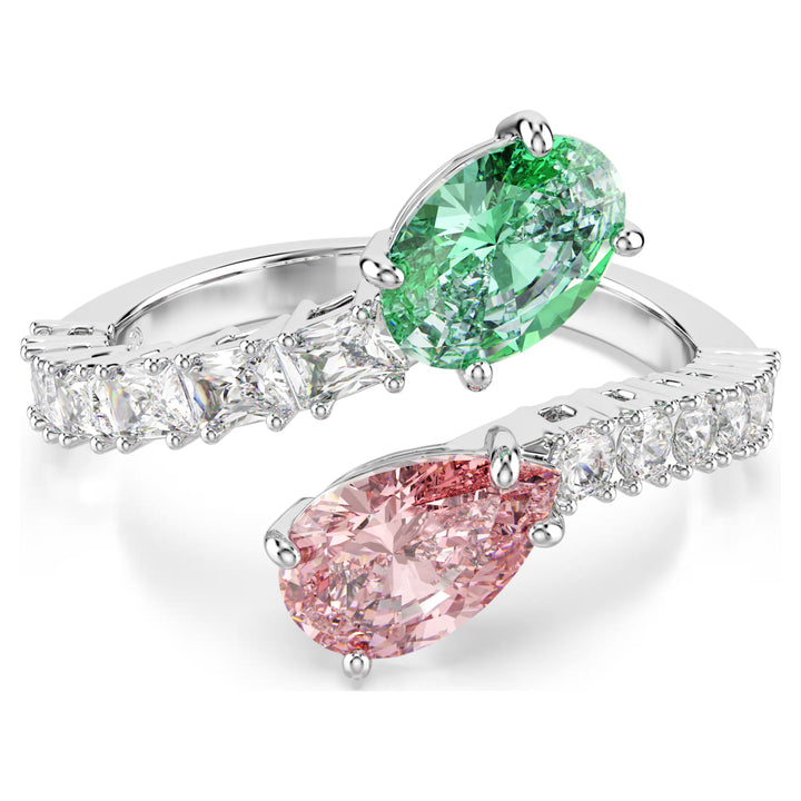 Niche Jewellery Swarovski x Ariana Grande open ring with rhodium plating, featuring mixed-cut pink and green crystals.