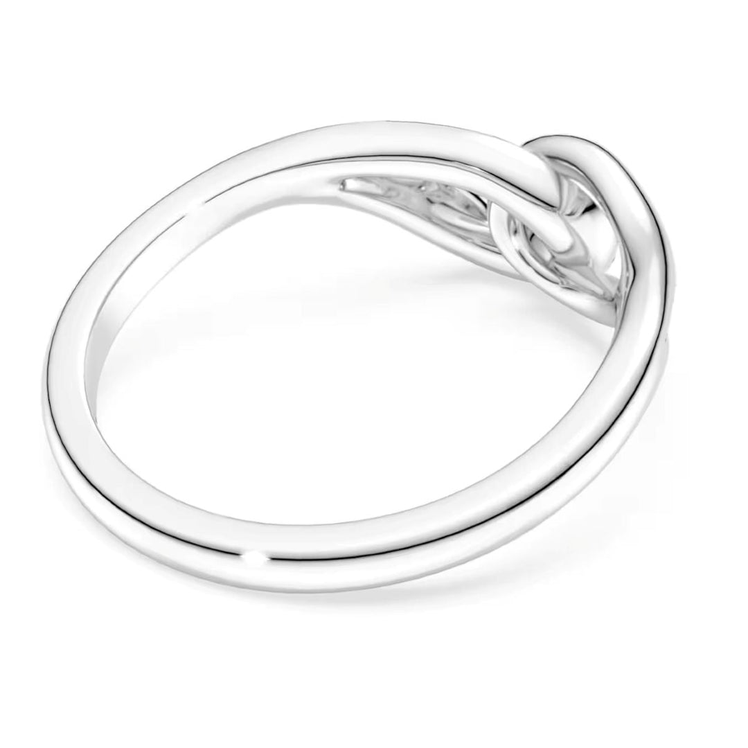 Niche Jewellery Swarovski Classica interlocking sterling silver ring with round-cut white stones on a white background.