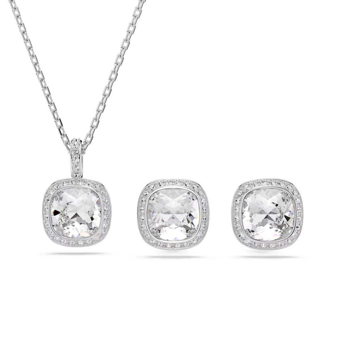 Niche Jewellery Swarovski Una Angelic cushion-cut pendant necklace and stud earrings set in rhodium-plated white
