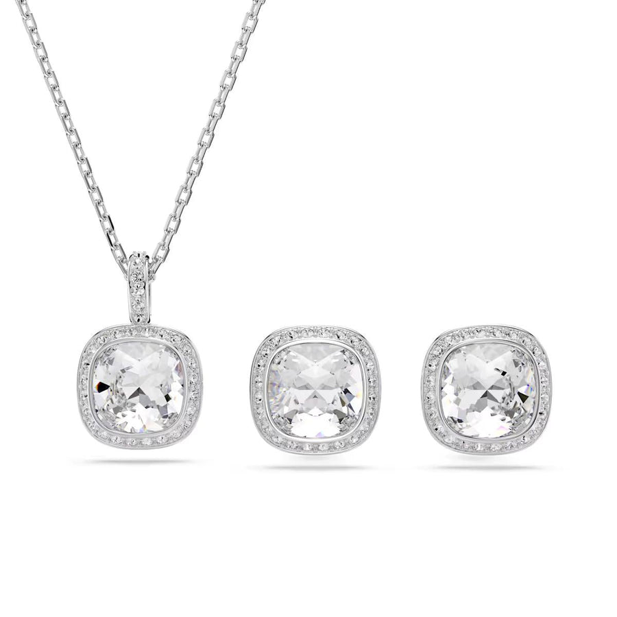 Niche Jewellery Swarovski Una Angelic cushion-cut pendant necklace and stud earrings set in rhodium-plated white