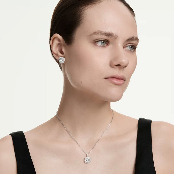 Niche Jewellery Swarovski Una Angelic cushion-cut pendant necklace and stud earrings set in rhodium plating