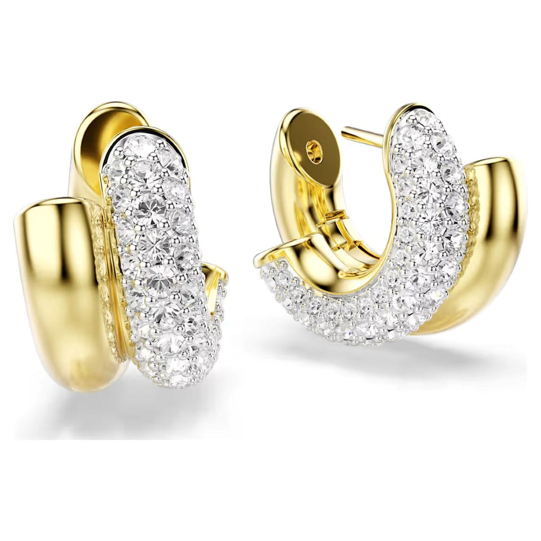 Niche Jewellery Swarovski Dextera mini hoop earrings in gold-tone plating with pavé-set white round-cut crystals.