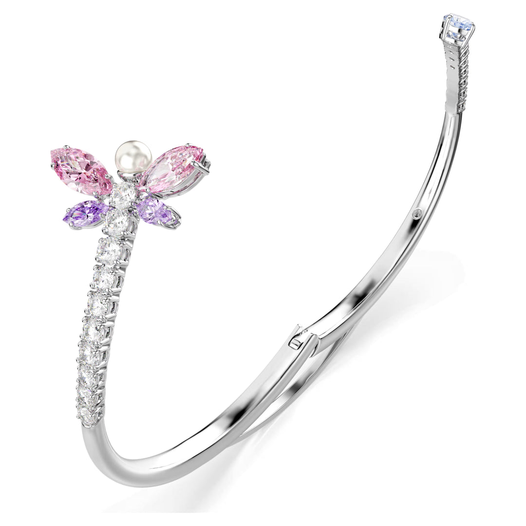 Niche Jewellery Swarovski x Ariana Grande rhodium-plated bangle featuring a crystal dragonfly with pink and purple stones
