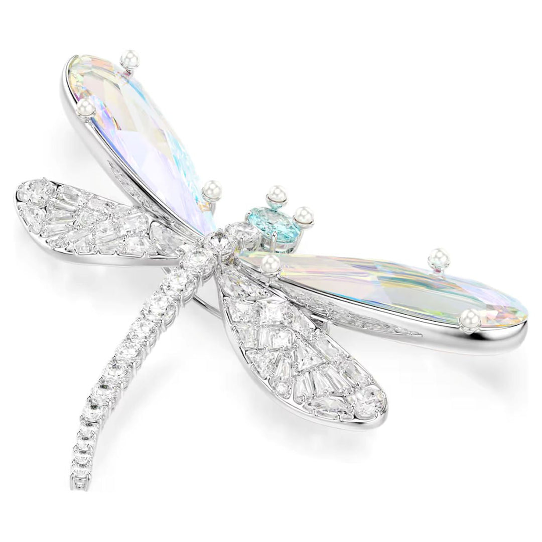 Niche Jewellery Swarovski x Ariana Grande dragonfly pendant and brooch featuring clear crystals and rhodium plating.