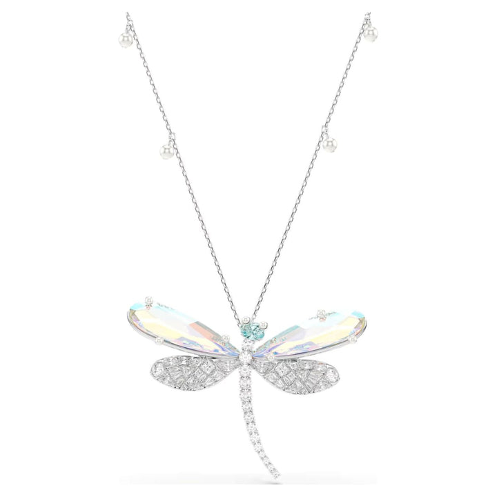 Niche Jewellery Swarovski x Ariana Grande dragonfly pendant and brooch with clear crystals and rhodium plating.